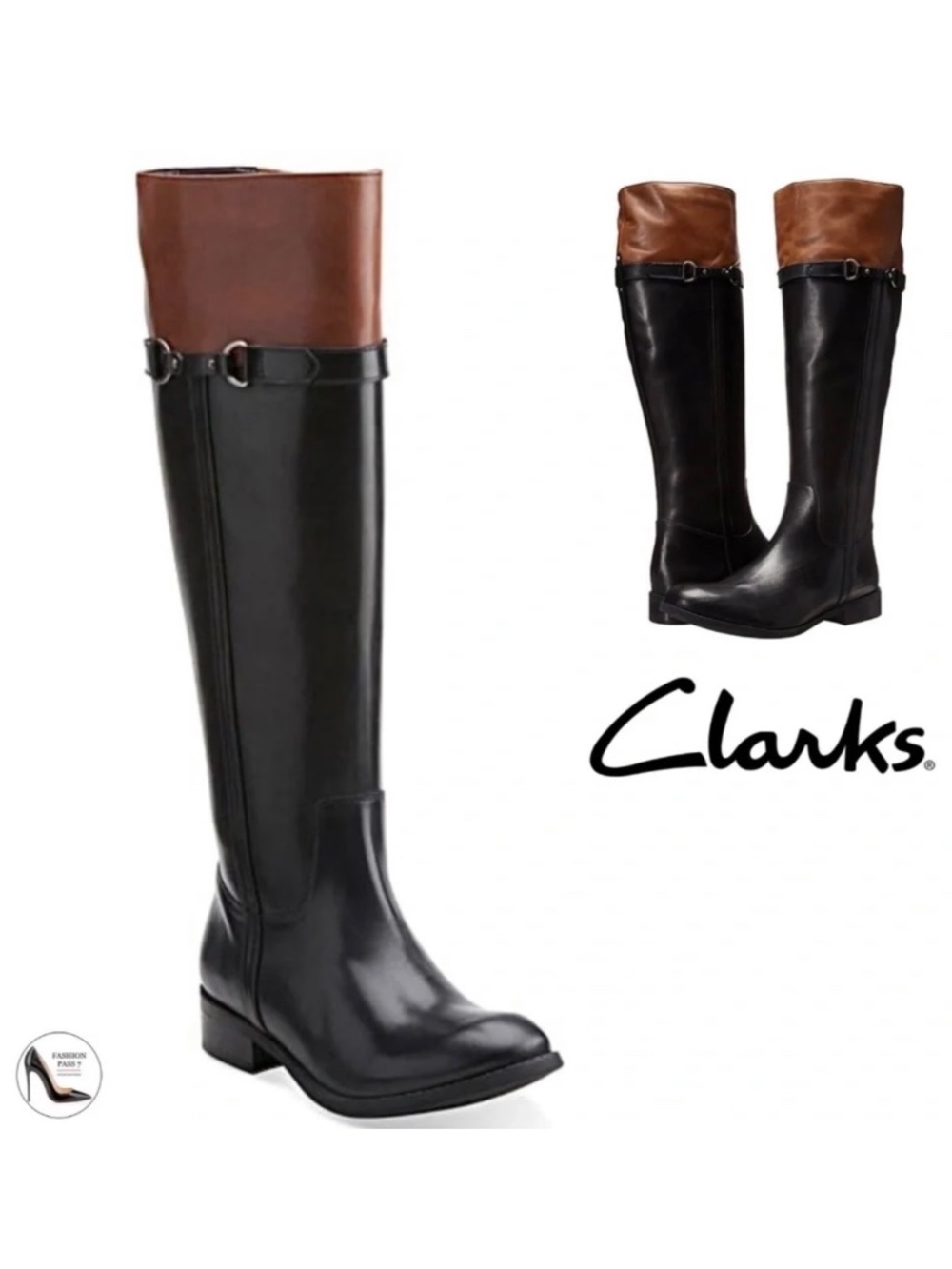 Clarks Women's Pita Topeka Black Brown Leather Waterproof Knee High Riding Boots